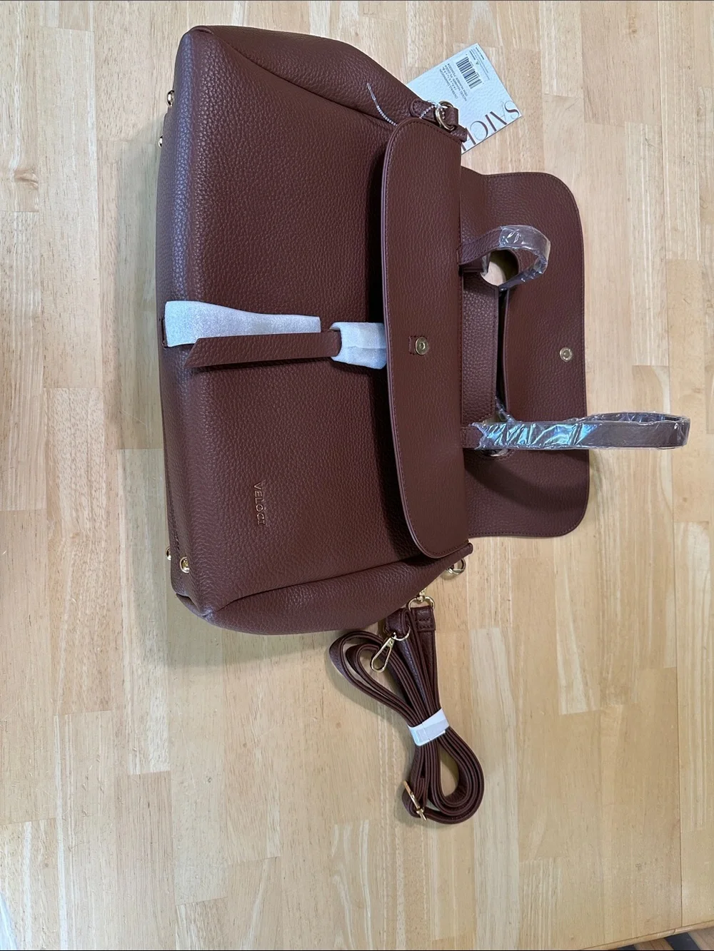 VELOCIO Brown Pebbled Tote with Flap and Tassel